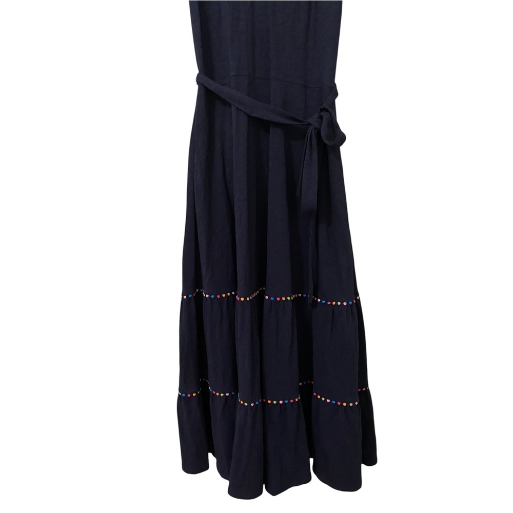 Boden Tara Tiered Midi Dress US 8 Pom Trim 100% Cotton Navy Blue - Picture 12 of 15